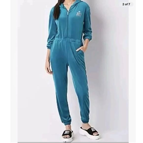 Juicy Couture Women Teal Velour Velvet Jumpsuit with Hoodie Size XL - Picture 1 of 12
